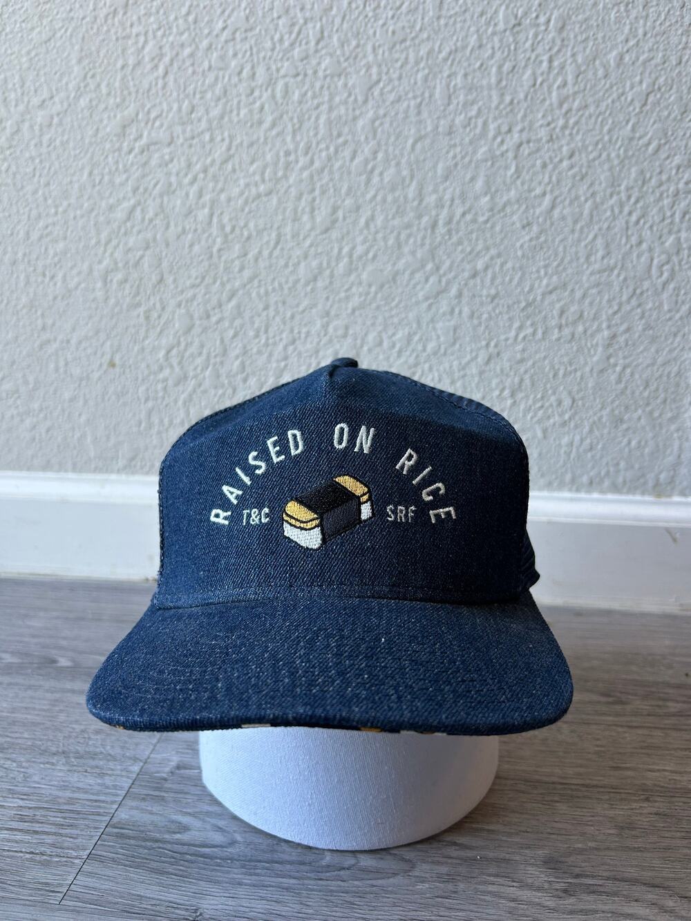 T&C Surf Designs Hawaii Snapback Hat Denim Navy Mesh Spam Musubi Raised On Rice